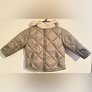 Zara Kids Quilted Hooded Puffer Zip Jacket - Olive Green and Cream Sz 2-3 Years